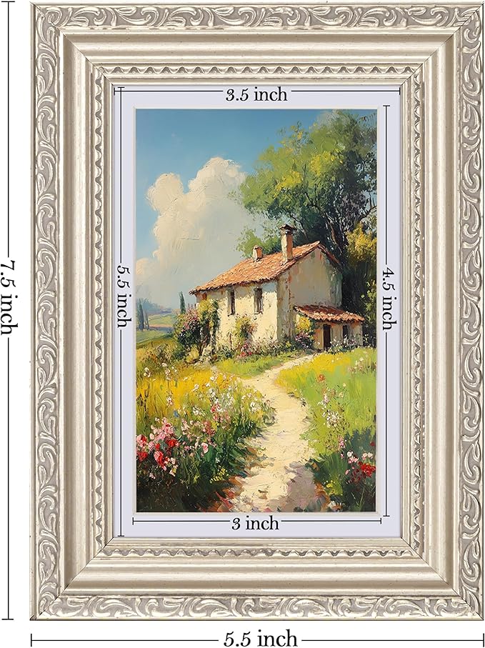 eletecpro 4x6 Picture Frames Set of 4, Vintage Frames with Glass Cover, Ornate Photo Frame Displays 3.5x5 Photo with Mat or 4x6 without Mat for Tabletop or Wall Decor, Silver Beige