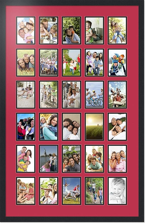 ArtToFrames Collage Photo Frame Double Mat with 30-4x6 Openings with Satin Black Frame and Rouge mat.