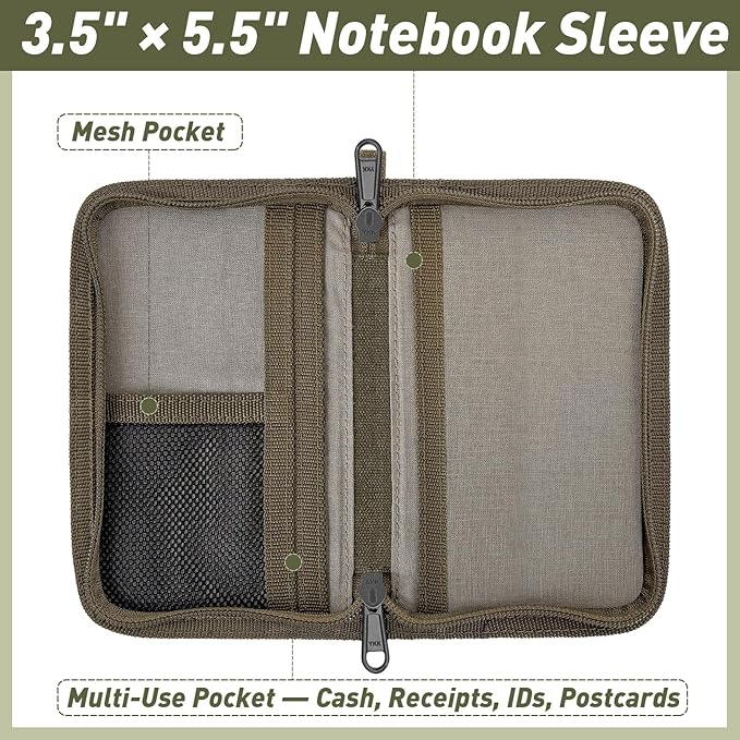 Journal Cover for Field Notes & Moleskine Cahier with YKK Zipper, 3.5"x5.5" Waxed Canvas Notebook Cover with Pen Holder, Water Resistant Travel Planner Cover for Daily Use