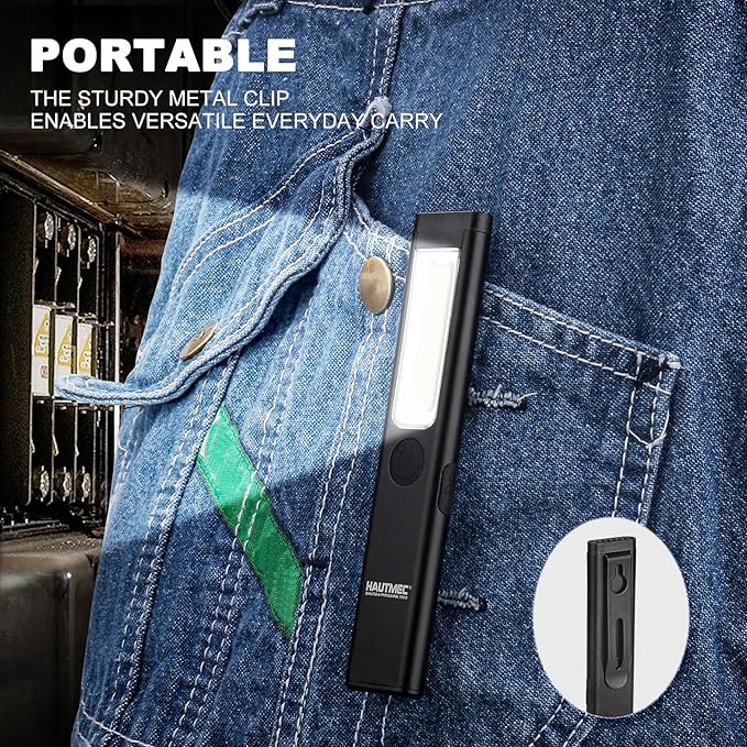 HAUTMEC Pocket EDC Flashlight Rechargeable 200 Lumens Slim Flat Flashlight Magnetic 3 Modes Mini Led Flashlights for Work Light HT0379