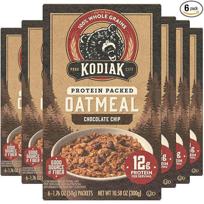 Kodiak Instant Oatmeal Packets, Chocolate Chip, High Protein, 100% Whole Grains, 6 boxes with 6 packets each (36 packets total)