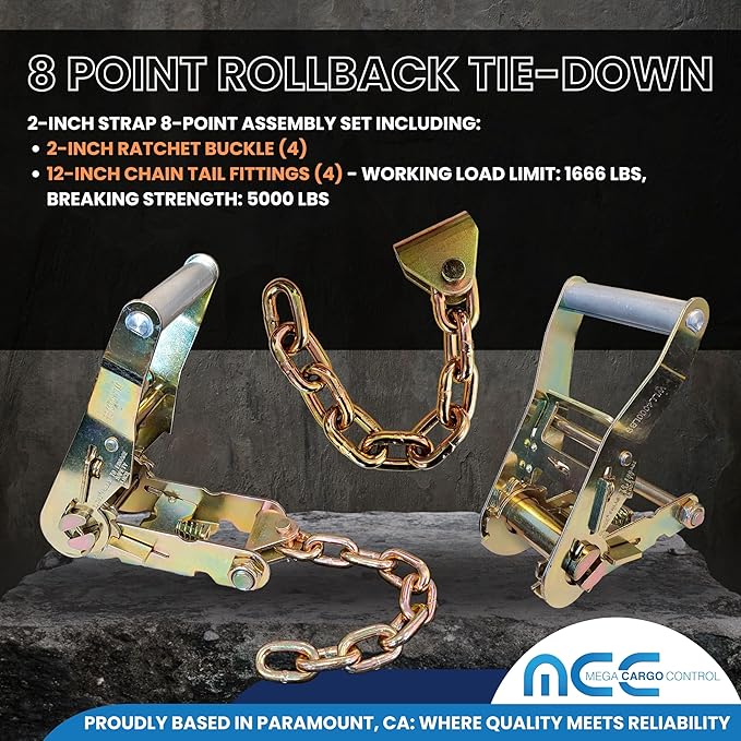 Mega Cargo Control Blue Roll Back Tie Down System Chain Ends 8 Point Tie Down Kit for Car Hauler Carrier Tow Truck - with Black Protective Sleeves
