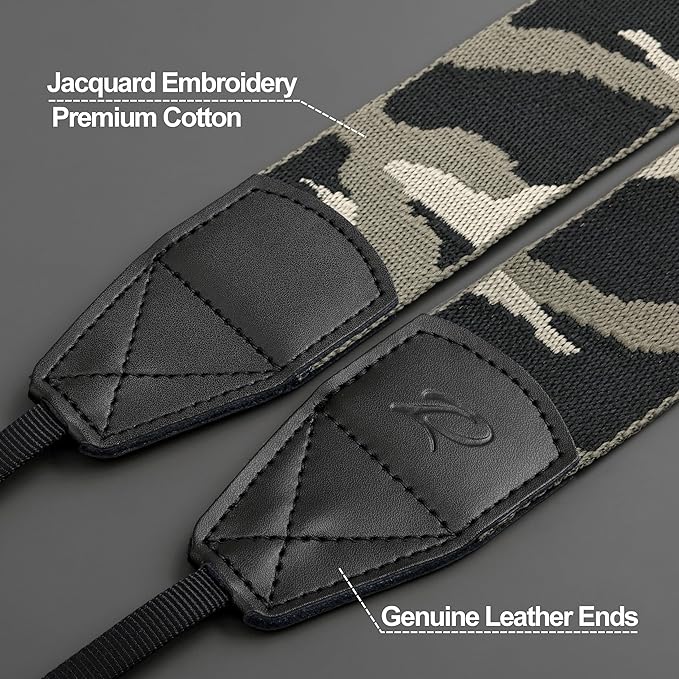 Padwa Lifestyle Camouflage Camera Strap - 2" Wide Genuine Leather Ends Camera Straps for Photographers, Vintage Forest Camo Strap with Camera Quick Release fits All Cameras