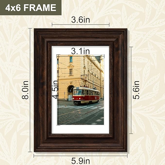 Vittanly 4x6 Picture Frame Set of 4, Vintage Photo Frame for Wall or Tabletop, Display 3.5x5 Pictures with Mat or 4x6 without Mat, Rustic Farmhouse Home Decor, Dark Brown