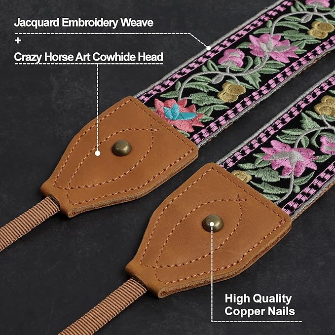 Padwa Lifestyle Embroidered Flower Camera Strap - 2" Wide Classic Vintage Crazy Horse Arts Cowhide Head Camera Straps for Photographers,Universal Neck Shoulder & Crossbody Strap Fit DSLR/SLR Camera
