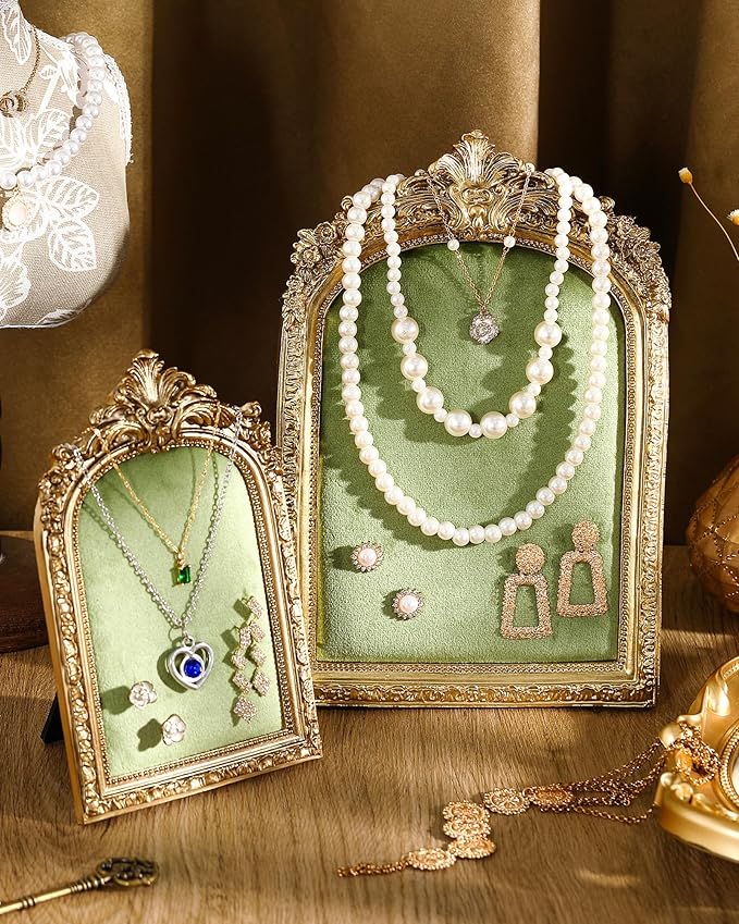 2 Pcs Gold Jewelry Display Stand Vintage Necklace Organizer Ring Holder Earring Tray Resin Jewelry Photography Props Frame with Velvet Backing for Gifts(Green,Large,Small,Elegant)