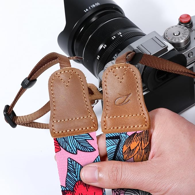 Padwa Lifestyle Camera Strap - 1.5" Soft Nylon Print Crazy Horse Cowhide Head Camera Straps for Photographers and All Cameras,Cute Adjustable Vintage Woven Strap for Adults & Kids(Flower Heart Pink)