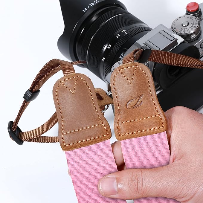 Padwa Lifestyle Pink Camera Straps - Double Layer Crazy Horse Cowhide Head,1.5" Wide Pure Cotton Woven Camera Straps,Adjustable Shoulder & Neck Strap for DSLR Cameras,Great Gift for Photographers