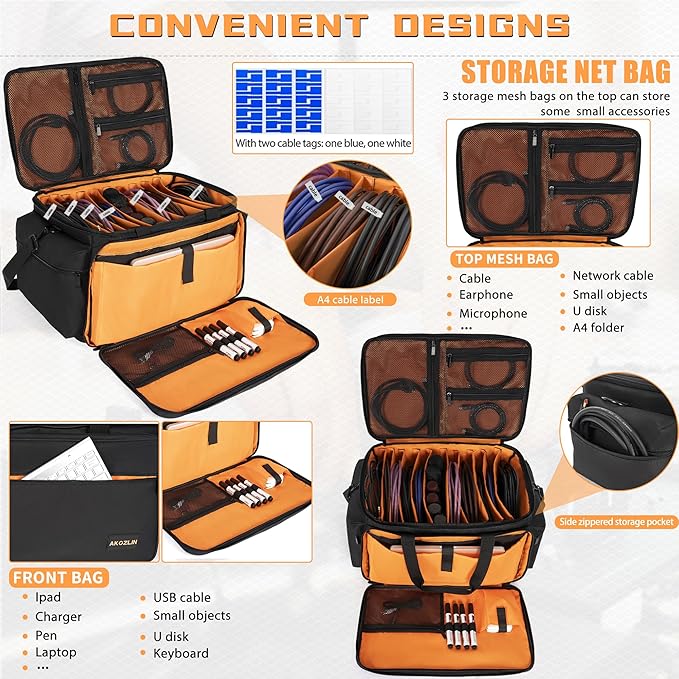AKOZLIN Cable File Bag with Detachable Dividers for DJ Gear, Sound Instrument Accessories