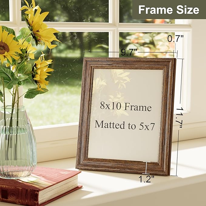 Vittanly 8x10 Picture Frame Set of 4, Vintage Photo Frame for Wall or Tabletop, Display 5x7 Pictures with Mat or 8x10 without Mat, Rustic Farmhouse Home Decor, Walnut
