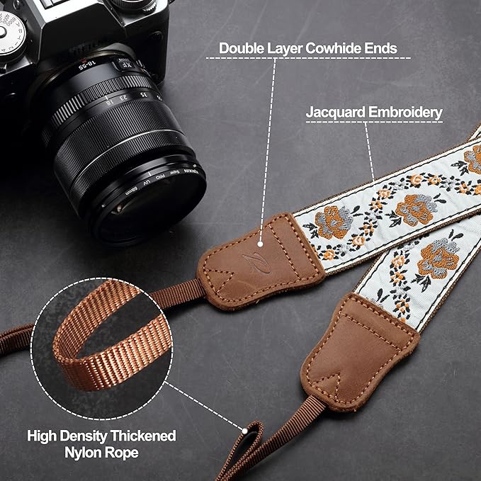 Padwa Lifestyle Camera Strap - 1.5" Crazy Horse Cowhide Head Cotton Strap,Vintage Embroidery Camera Straps for Photographers and All Cameras,Cute Adjustable Shoulder Neck Strap for Adults & Kids