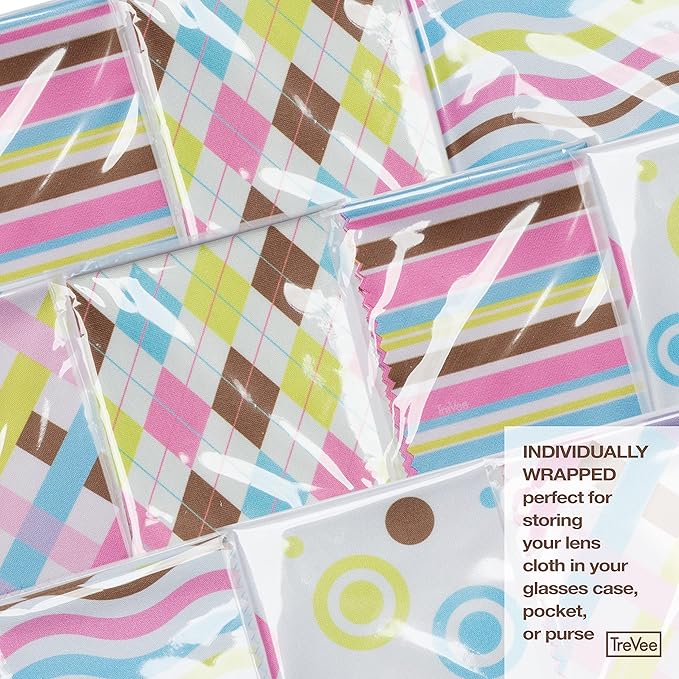 10 Pack Cute Geo-Design Multicolor Microfiber Cleaning Cloths for Cleaning Lenses, Eyeglasses, Sunglasses and Cell Phone, Beautifully Designed in Pastel Colors Blue, Pink, Green and White Cloth Wipes.