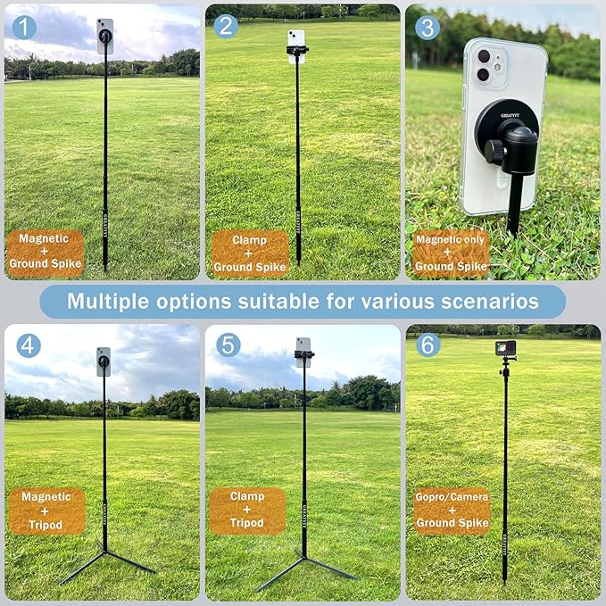 GreatYYT Monopod and Tripod Selfie Stick to Record Golf Swing - Multi Functional Phone Holder with Magnetic and Phone Holder - Golf Training Aid - Compatible with All iPhone Android Phone