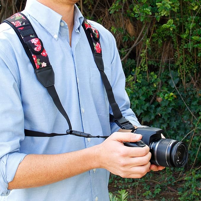 USA Gear DSLR Camera Strap Chest Harness with Quick Release Buckles, Floral Neoprene Pattern and Accessory Pockets - Compatible with Canon, Nikon, Sony and More Point and Shoot and Mirrorless Cameras