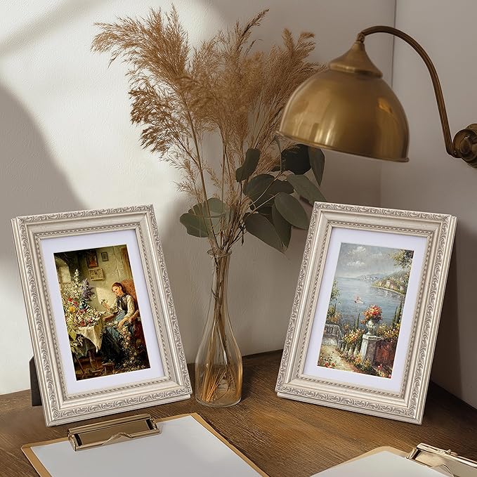 eletecpro 5x7 Picture Frames Set of 4, 5 x 7 Vintage Frames with Glass Cover, 5 by 7 Photo Frame Displays 4x6 Photo with Mat or 5x7 without Mat for Tabletop or Wall Decor, Silver Beige