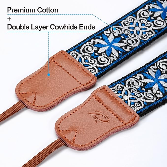 Padwa Lifestyle Blue Floral Camera Strap - 2" Cowhide Head Camera Straps for Photographers,Vintage Jacquard Embroidery Woven Cotton Adjustable Shoulder Neck Straps for Cameras,Binoculars