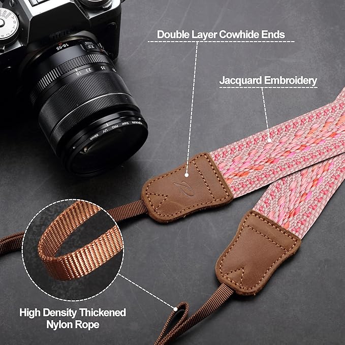 Padwa Lifestyle Speed Pink Camera Strap - 1.5" Soft Cotton Rope Weave Crazy Horse Cowhide Head Camera Straps for Photographers and All Cameras,Cute Adjustable Vintage Woven Strap for Adults & Kids