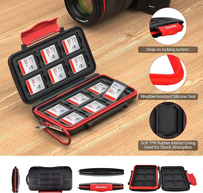 Kiorafoto 12 Slots SD SDHC SDXC Card Holder Case Professional Water-Resistant Anti-Shock Memory Card Storage Protector Wallet with Carabiner