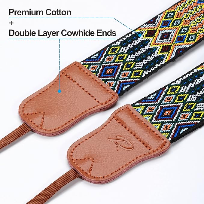 Padwa Lifestyle Colorful Camera Strap for Photographers - Double Layer Cowhide Ends,2" Pure Cotton Embroidered Woven Camera Straps,Universal Neck & Shoulder Strap Adjustable for All DSLR Cameras