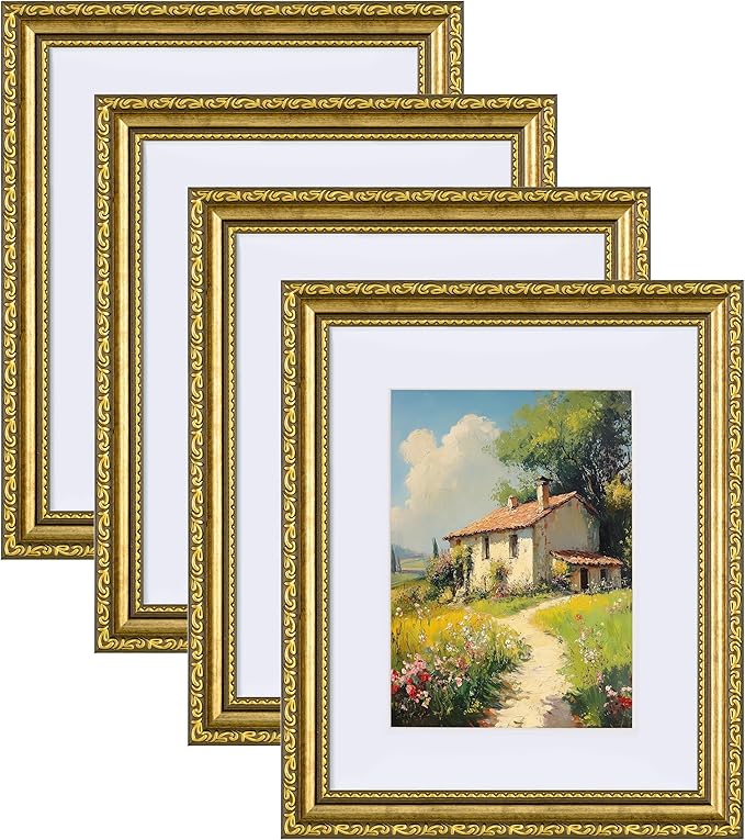 eletecpro 8x10 Picture Frames Set of 4, Gold Frames 8 x 10 with Glass Cover, Vintage Photo Frame Displays 5x7 Photo with Mat or 8x10 without Mat for Tabletop or Wall Decor, Gold