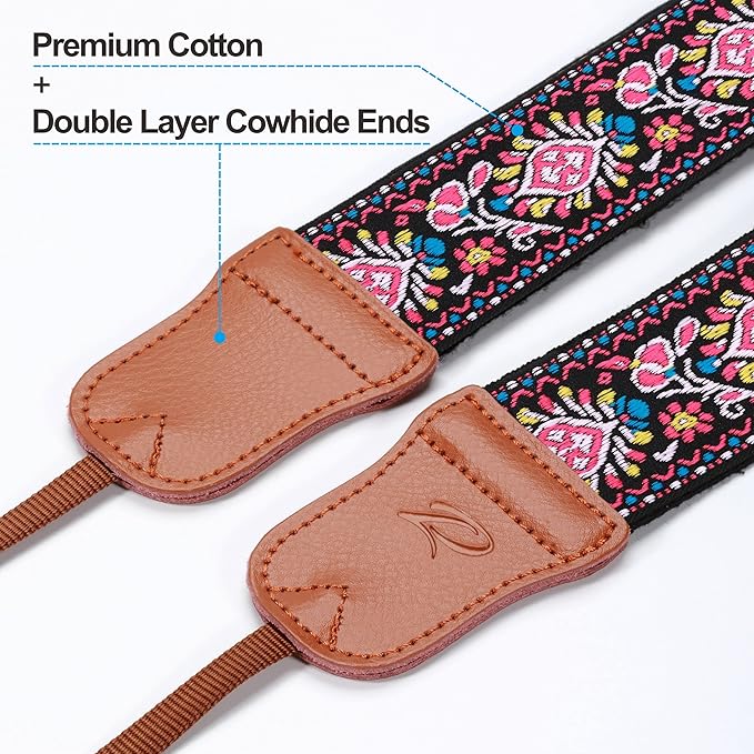Padwa Lifestyle Pink Vintage Embroidered Camera Strap - 2" Wide Cowhide Head Camera Straps,Cotton Woven Adjustable Shoulder & Neck Strap for All DSLR Cameras,Great Gift for Men&Women Photographers
