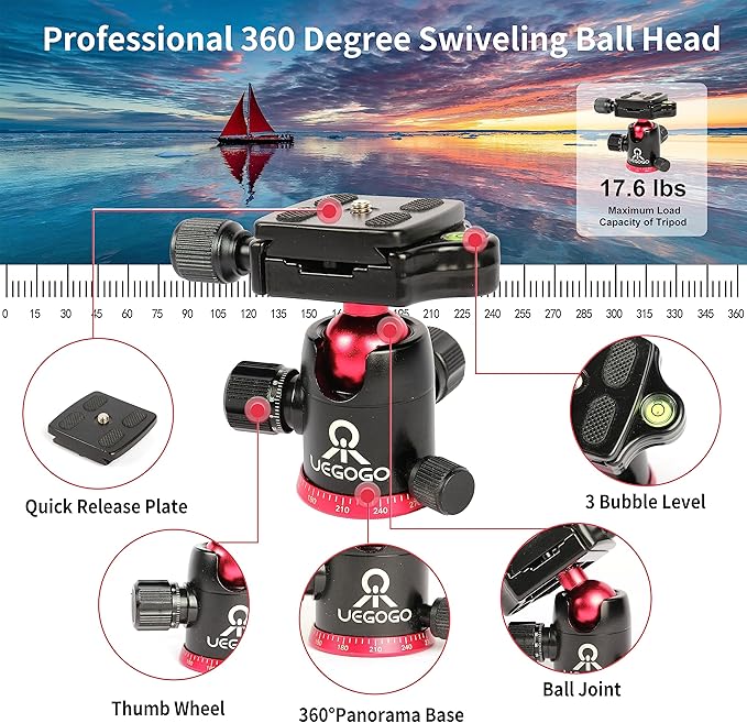 77" Camera Tripod,Foldable Lightweight Aluminum Tripod & Monopod with 360 Degree Ball Head Load Capacity 8kg/17.6lbs for DSLR Cameras Canon Nikon Binoculars Laser Telescope(Red)