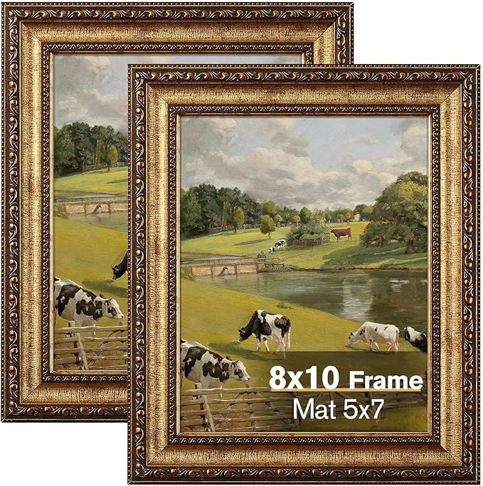 8x10 Gold Picture Frame, 2 Pack Ornate Vintage Picture Frames for Wall or Tabletop Display, 8x 10 Photo Frame Gold with Real Glass, Display Poster 5x7 with Mat or 8x10 without Mat for Antique Déco