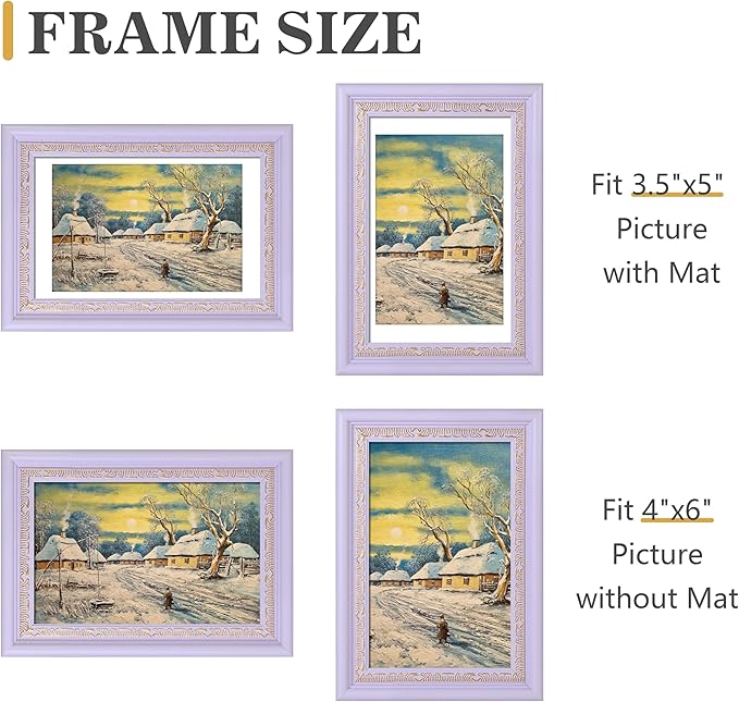 VIOLABBEY 4x6 Picture Frame Purple Gold, Display 3.5x5 Photo with Mat or 4x6 without Mat, Ornate Vintage 4 x 6 Purple Gold Frame for Wall Decor or Tabletop Display