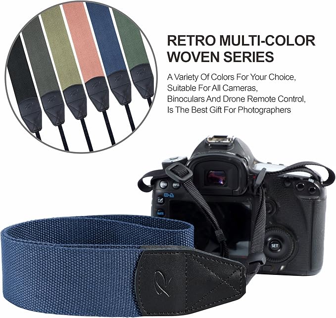 Padwa Lifestyle Blue Camera Strap - 2" Wide Genuine Leather Ends Camera Straps for Photographers, Vintage Cotton Woven Strap with Camera Quick Release Clips fits All Cameras and Binoculars