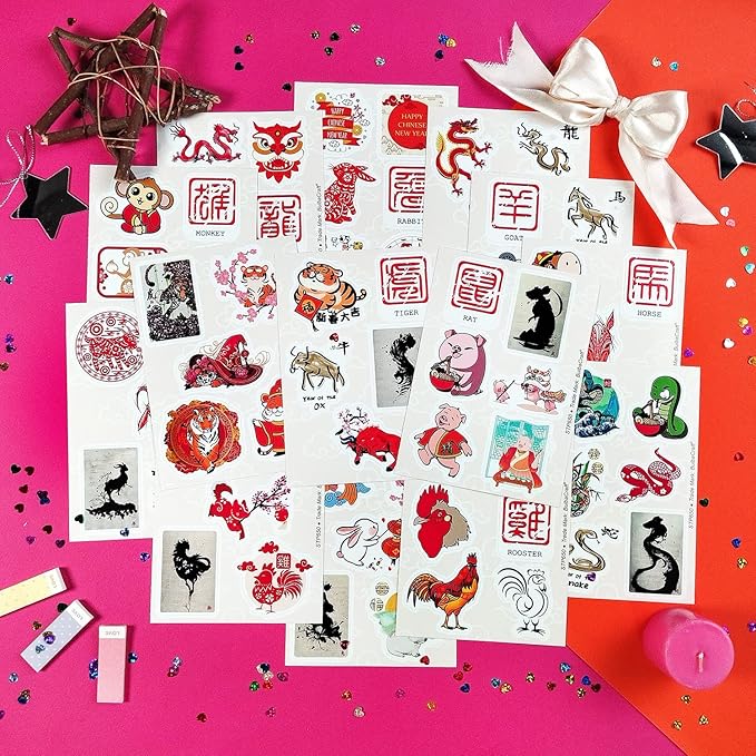 BulbaCraft 100Pcs Chinese New Year Stickers - Chinese Zodiac Stickers, Lunar New Year Decals, Gifts for Women & Men