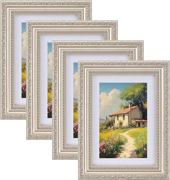 eletecpro 5x7 Picture Frames Set of 4, 5 x 7 Vintage Frames with Glass Cover, 5 by 7 Photo Frame Displays 4x6 Photo with Mat or 5x7 without Mat for Tabletop or Wall Decor, Silver Beige