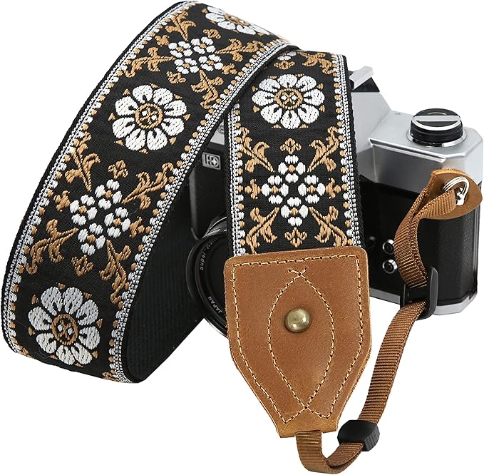 Padwa Lifestyle Camera Strap - 2" Wide Classic Vintage Crazy Horse Arts Cowhide Head Cotton Embroidered Universal Neck Shoulder & Crossbody Camera Straps for Photographers Gift and All DSLR Cameras