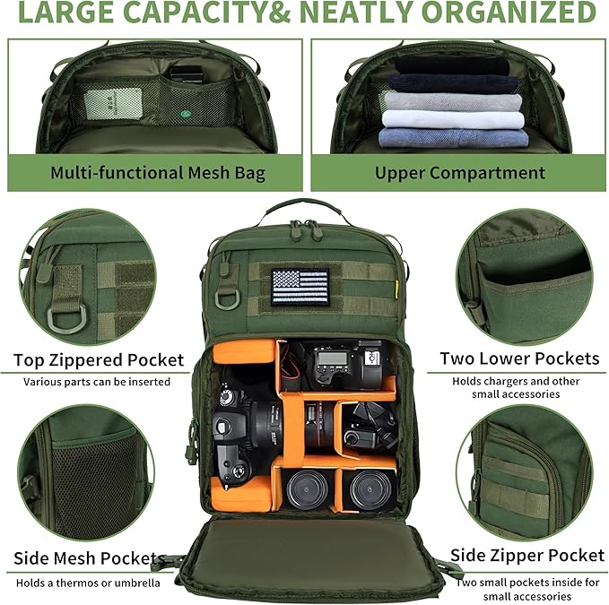 TORIBIO Camera Backpack for DSLR/SLR/Mirrorless Photography Camera, Water-resistant Tactical Camera Travel Bag Backpack Case with 15.6" Laptop Compartment, Tripod Holder