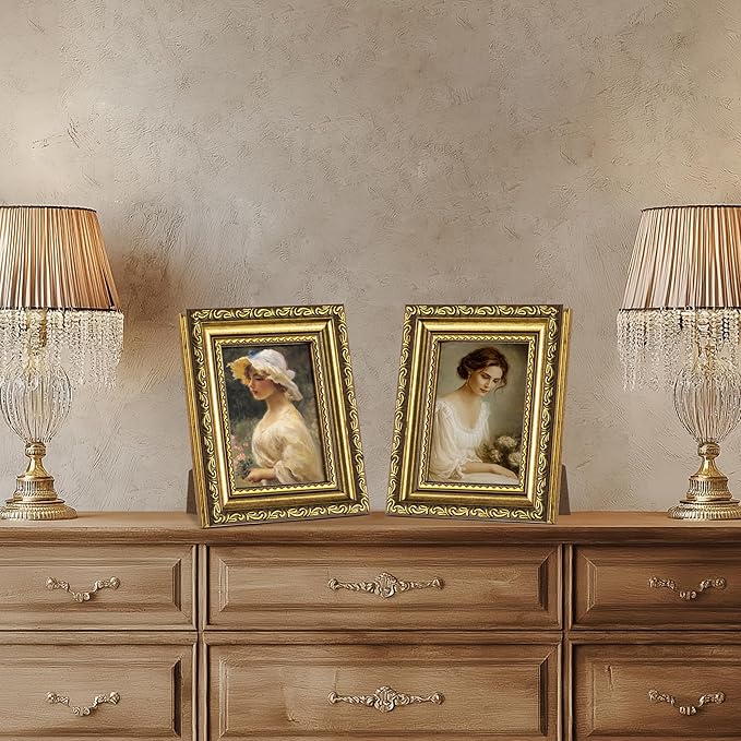 eletecpro 3x4 Picture Frames Set of 4, Rustic Gold Frames with Glass Cover, Ornate Vintage Photo Frame Displays 3x4 Photo for Tabletop, Gold