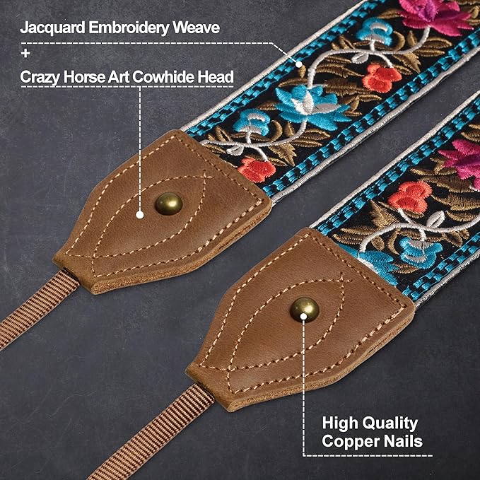 Padwa Lifestyle Camera Strap - 2" Wide Classic Vintage Crazy Horse Arts Cowhide Head Cotton Embroidered Universal Neck Shoulder & Crossbody Camera Straps for Photographers Gift and All DSLR Cameras