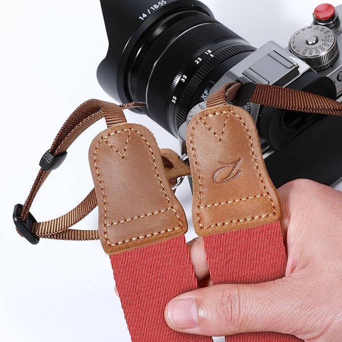 Padwa Lifestyle Red Camera Strap - Double Layer Crazy Horse Cowhide End,1.5" Wide Pure Cotton Woven Camera Straps,Adjustable Neck Shoulder Strap for All DSLR Cameras,Gift for Photographers