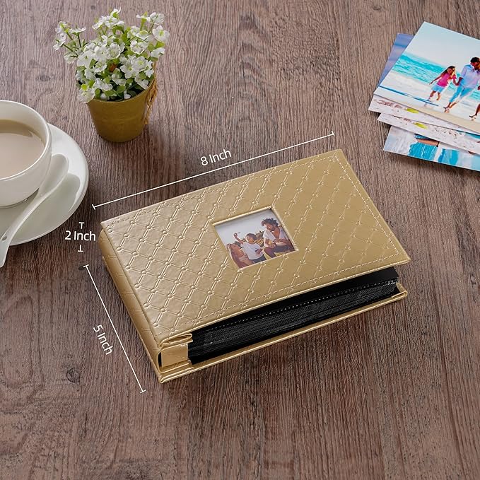 Mublalbum Small Photo Album 4x6 100 Photos Leather Cover Picture Book with Horizontal Pockets for Baby Wedding Anniversary and Family (Gold)