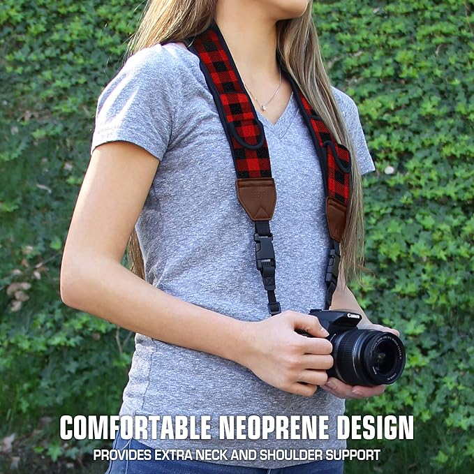 USA Gear TrueSHOT Camera Strap Neoprene Camera Straps - Padded Neck Strap, Pockets, and Quick Release Buckles - Compatible with Canon, Nikon, Sony and More DSLR and Mirrorless Cameras (Red Plaid)