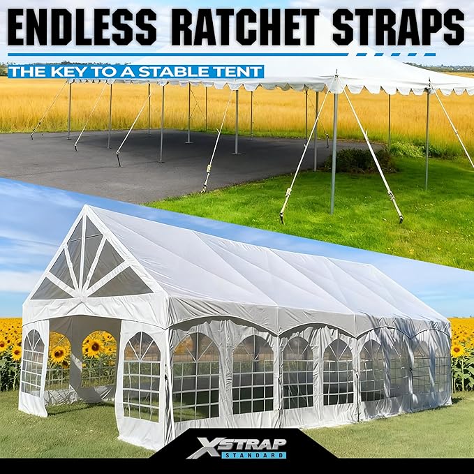 XSTRAP STANDARD 4PK 1" Endless Ratchet Straps - 2500lbs Breaking Strength Heavy Duty White Tent Securing Straps, Track Spring Fittings, 10ft Tie Downs for Tents/Trailers/Kayaks