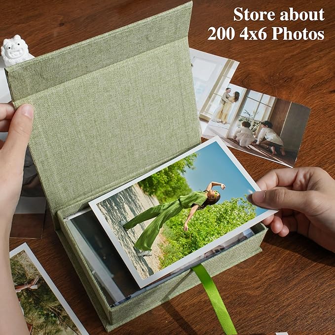 Yopih 4x6 Linen Photo Storage Box - Ideal for Preserving and Organizing Your Precious Photos, Certificates, Scrapbooking Supplies, Keepsakes, and Jewelry Grassgreen