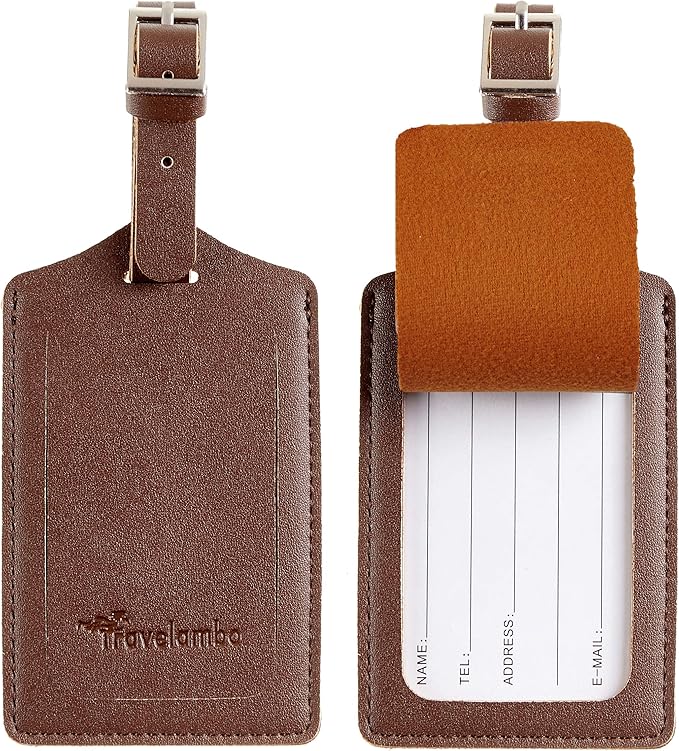 Travelambo 8 Pack Luggage Tags Faux Leather for Suitcases Travel Bag Labels Travel Accessories Essential with Protection Cover ID (Brown)