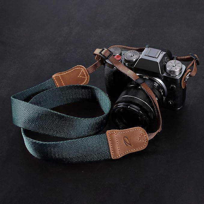 Padwa Lifestyle Dark Blue Green Camera Strap -Double Layer Crazy Horse Cowhide End,1.5" Wide Pure Cotton Woven Camera Straps,Adjustable Neck Shoulder Strap for All DSLR Cameras,Gift for Photographers