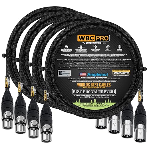 4 Units - 6 Foot - WBC-PRO-Quad Ultra-Silent Ultra-Flexible Balanced Star-Quad Cable with Amphenol Male & Female XLR Plugs & Black Tweed Jacket