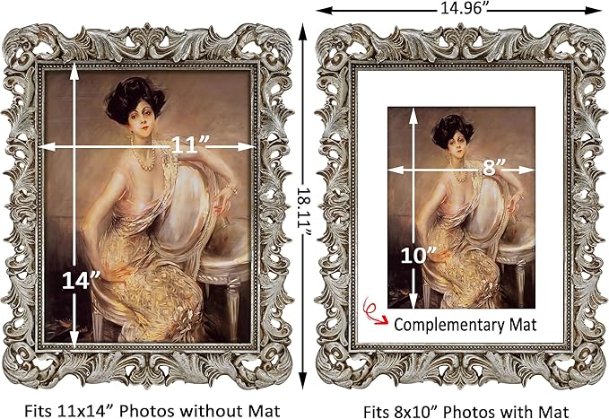 11x14 Picture Frame Silver Ornate Vintage Antique for Wall Display, Gothic Baroque Frame Fits 8x10 Photos with Mat