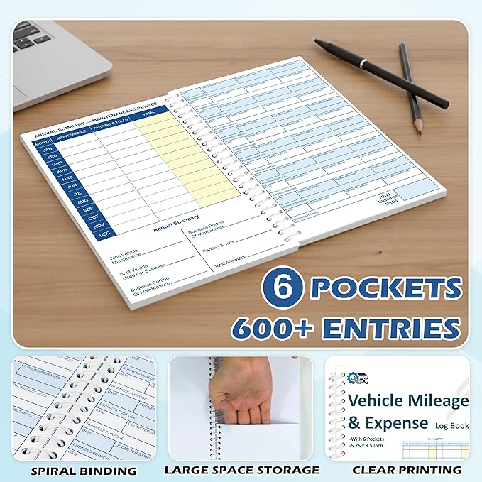 1 Pcs Auto Vehicle Mileage and Expense Journal with 6 Pockets 600+ Entries 5-1/4" x 8-1/2" Vehicle Mileage Log Miles Log Book Expense Odometer Track Record Notebook for Business Driving 60 Pages (1)