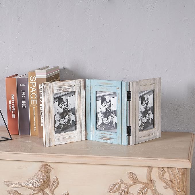 RiteSune Rustic Picture Frame 3 Folding 5X7 Triple Hinged Photo Frame Collage for Home Office Desk, Present for Christmas, New Year