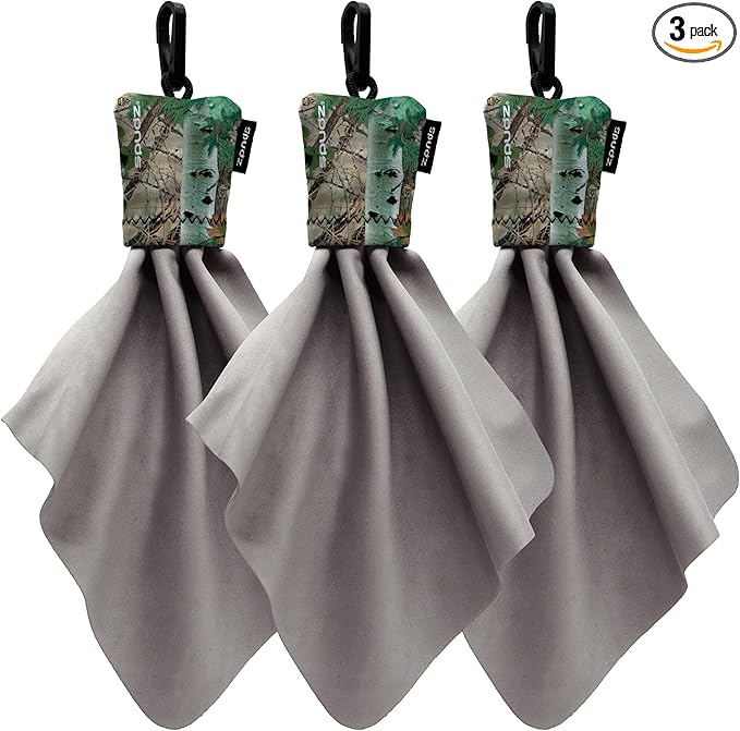 SPUDZ Classic Microfiber Lens Cleaner – Clip-On Pouch, Washable – for Binoculars, Scopes, Glasses, Screens | Alpine Mountain Camo, 6 x 6 Inch (3-Pack)