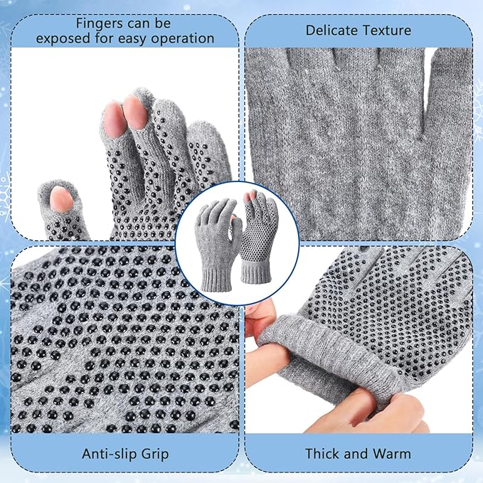 Geyoga 2 Pairs Wool Fingerless Fishing Gloves for Men Women Anti-Slip with Grip Dots Warm Winter Fly Ice Fishing Gloves