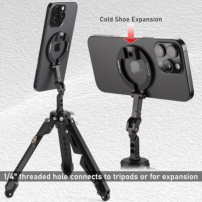 4-in-1 Magnetic Ring Phone Holder & 1/4" Tripod Thread & Cold Shoe Slot & Kickstand & Phone Grip, 360° Rotation for iPhone Series 12 13 14 15 16 17 & Magsafe Case