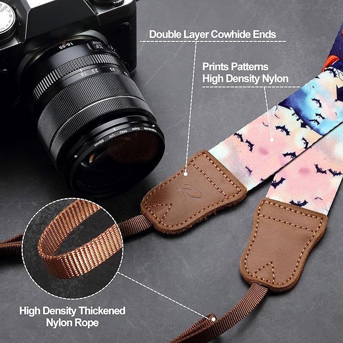 Padwa Lifestyle Camera Strap - 1.5" Soft Nylon Print Crazy Horse Cowhide Head Camera Straps for Photographers and All Cameras,Cute Adjustable Vintage Woven Strap for Adults & Kids(Halloween Pumpkin)